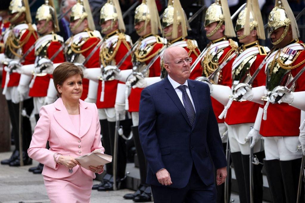 Scotland's First Minister Nicola Sturgeon and her husband and current chief executive officer of the Scottish National Party (SNP) Peter Murrel arrive to the National Service of Thanksgiving.