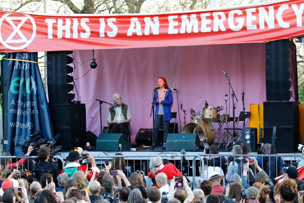 Greta speaking at an Extinction Rebellion event on Sunday