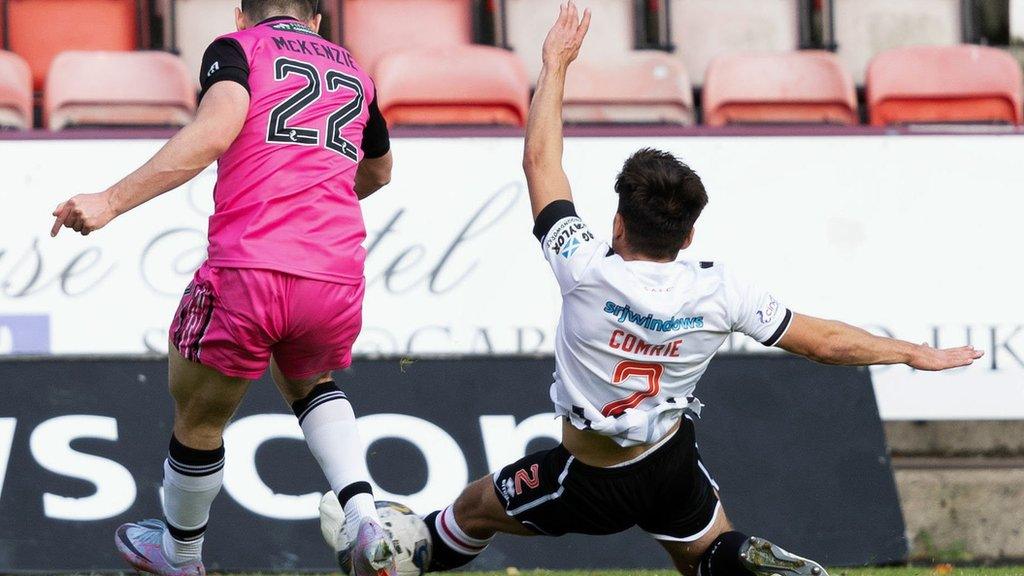 Dunfermline's Aarom Comrie blocks a shot from Ayr's Mark McKenzie