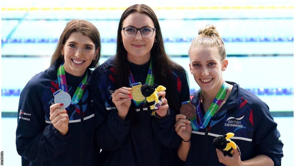 Silver medallist Bethany Firth, gold medallist Jessica-Jane Applegate and bronze medallist Louise Fiddes