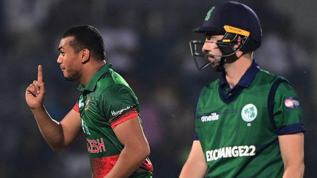 Bangladesh's Taskin Ahmed celebrates dismissing Andrew Balbirnie in the first ODI in Sylhet in March