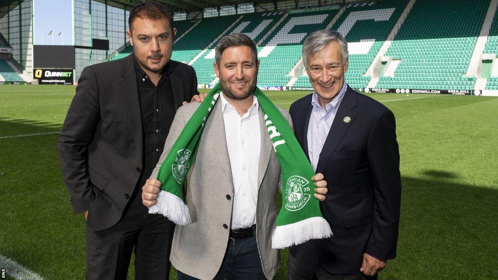 Hibs chief executive Ben Kensell, manager Lee Johnston and owner Ron Gordon