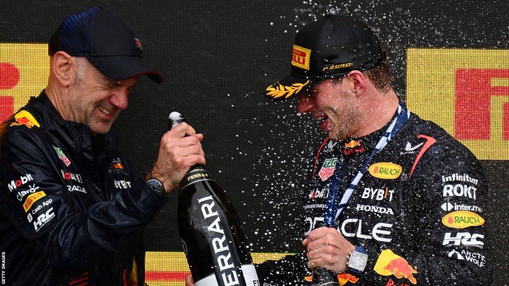 Max Verstappen and Adrian Newey celebrate Red Bull's victory in the 2023 Canadian Grand Prix