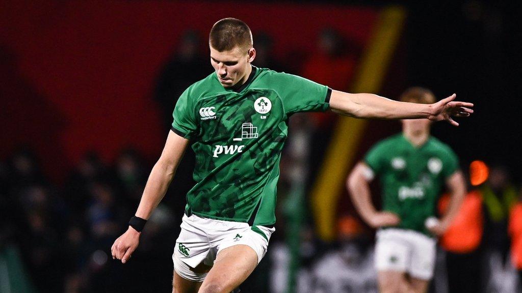 Sam Prendergast kicks the winning penalty in Ireland's 33-31 victory over France