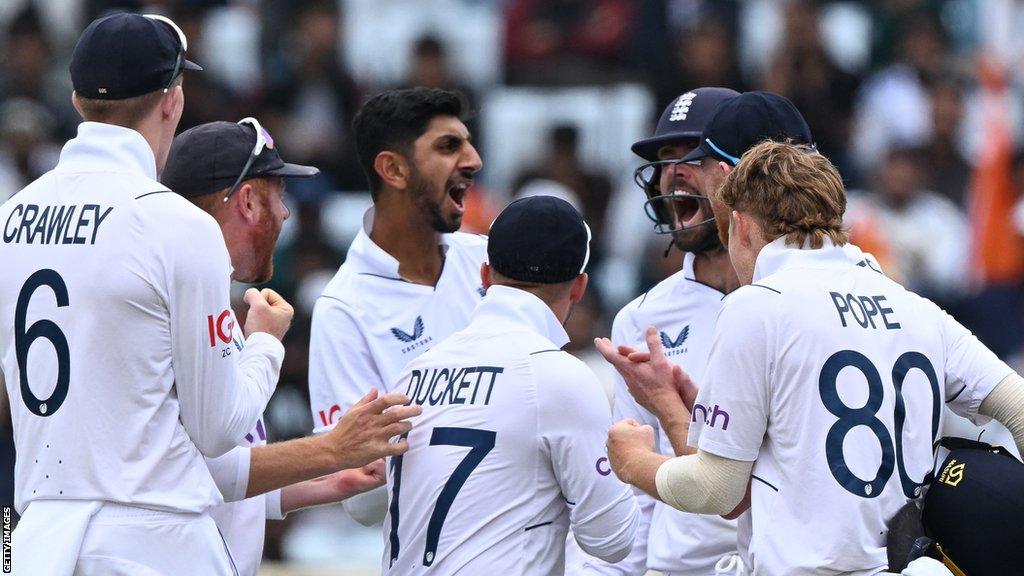 Shoaib Bashir celebrates a wicket