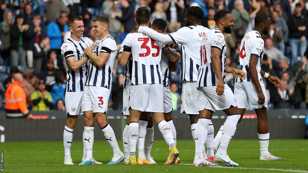 West Brom celebrate a goal in the 3-2 win over Swansea