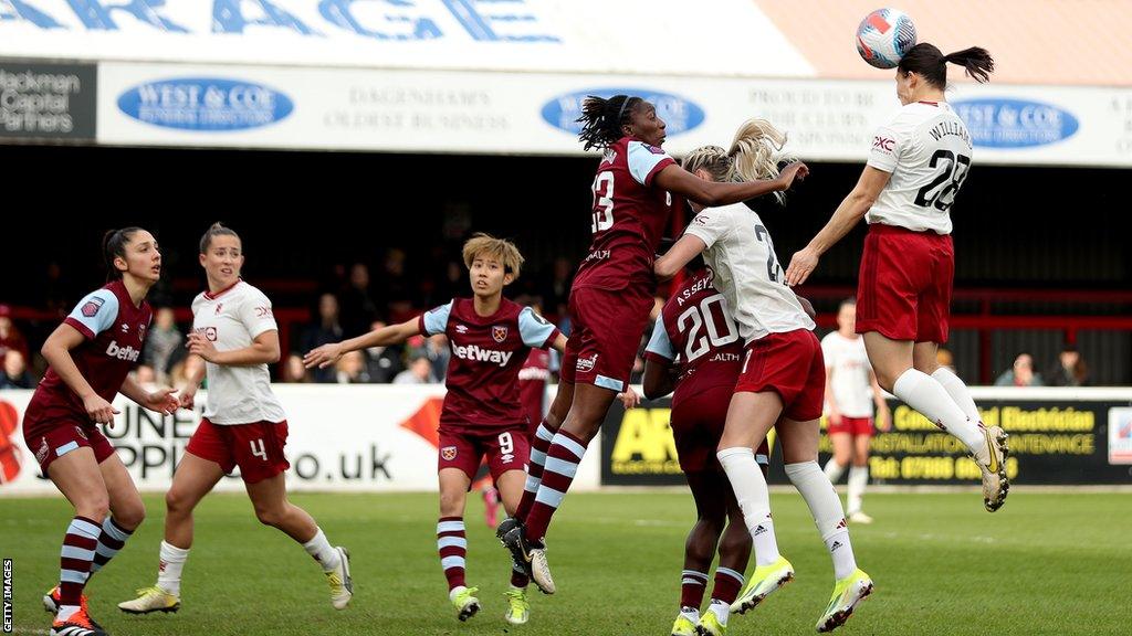 Manchester United's Rachel Williams heads towards goal against West Ham