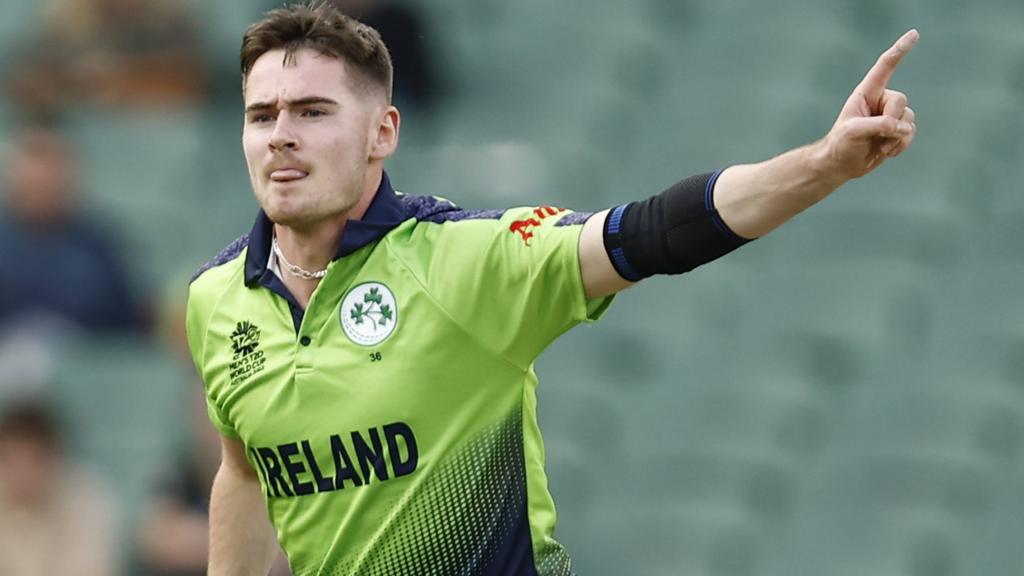 Ireland bowler Josh Little celebrates taking a wicket