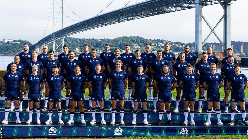 Scotland's squad of 33 players pose for a photo opportunity in South Queensferry