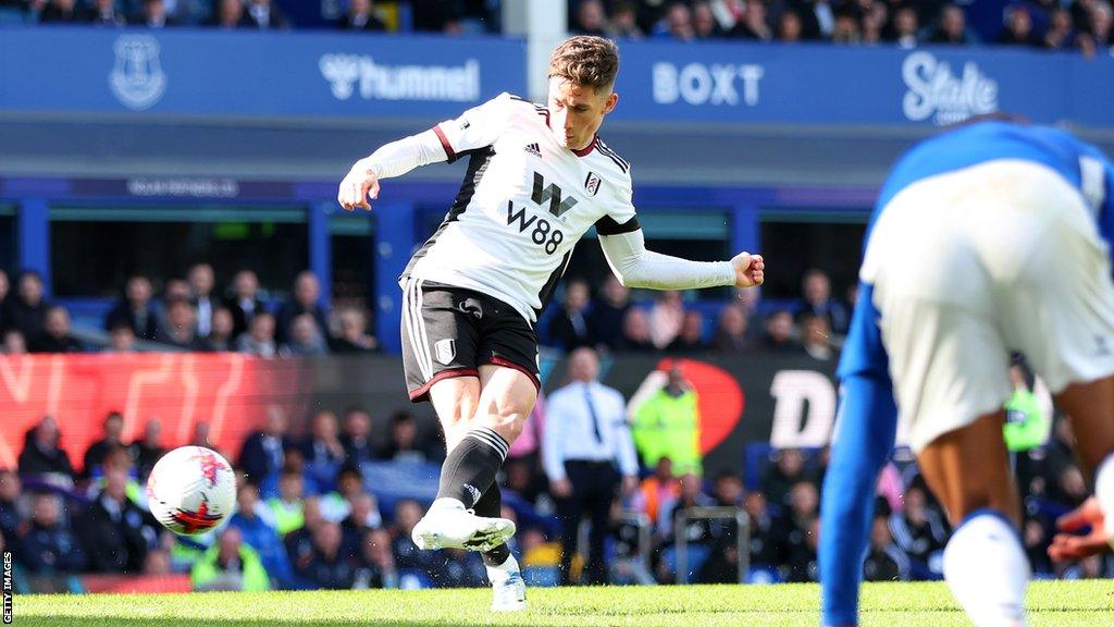 Fulham's Harry Wilson scores their second goal v Everton at Goodison Park