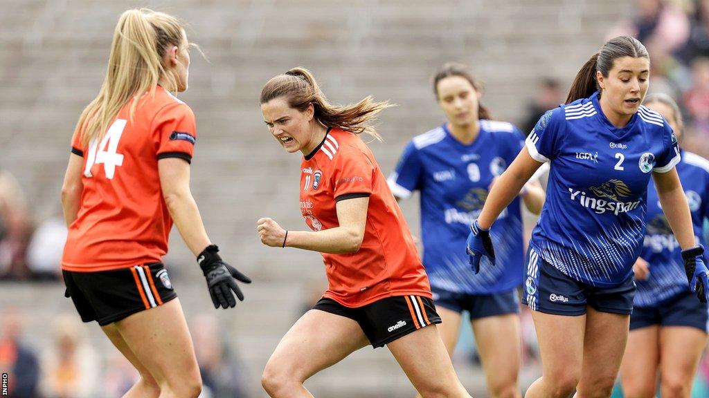 Armagh forward Aimee Mackin turns to celebrate after scoring her second goal against Cavan