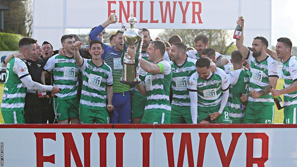 New Saints players celebrate after victory over Bala in the 2023 final