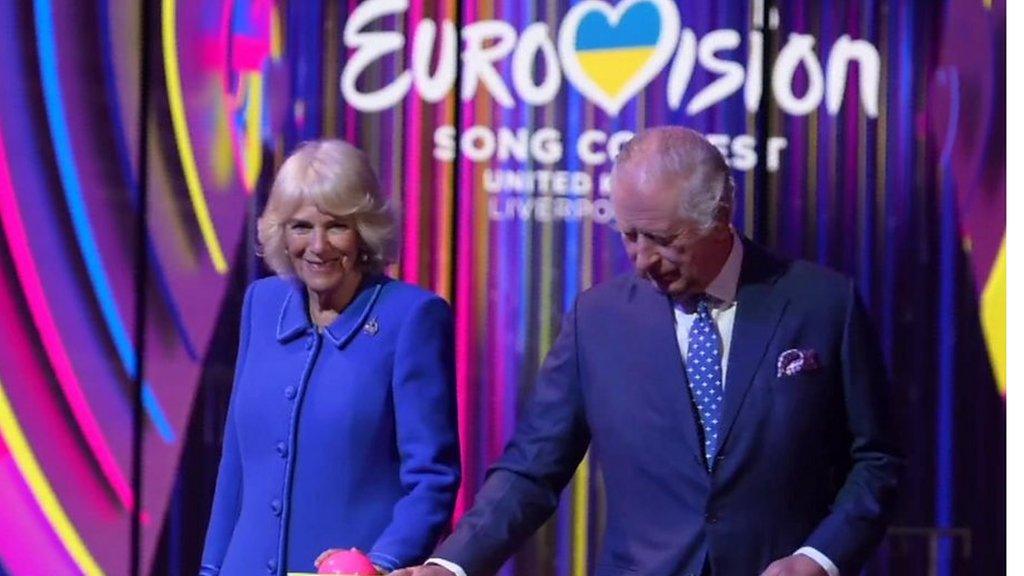 King Charles and Camilla inside the Eurovision arena in Liverpool