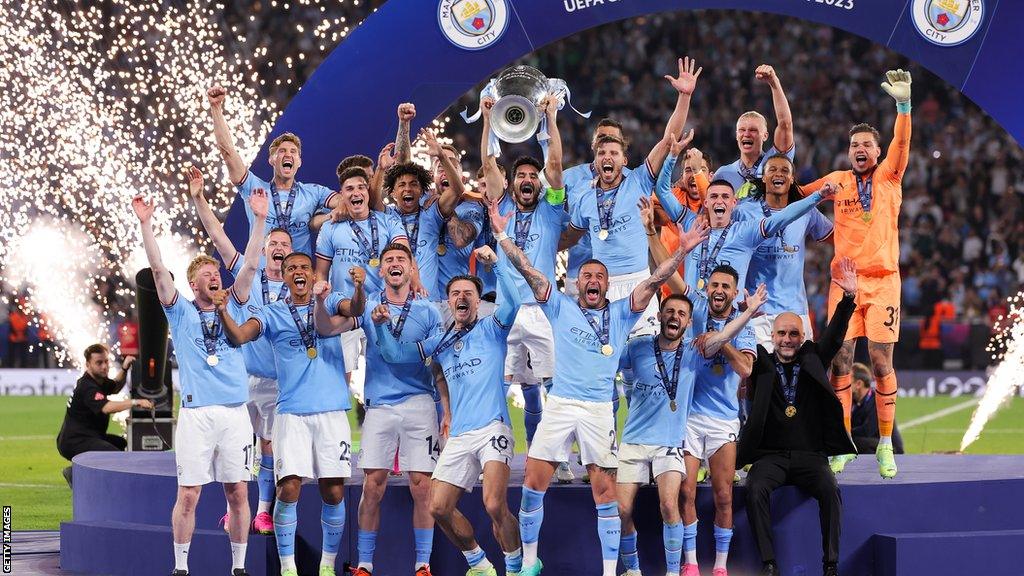 Manchester City celebrate winning the Champions League