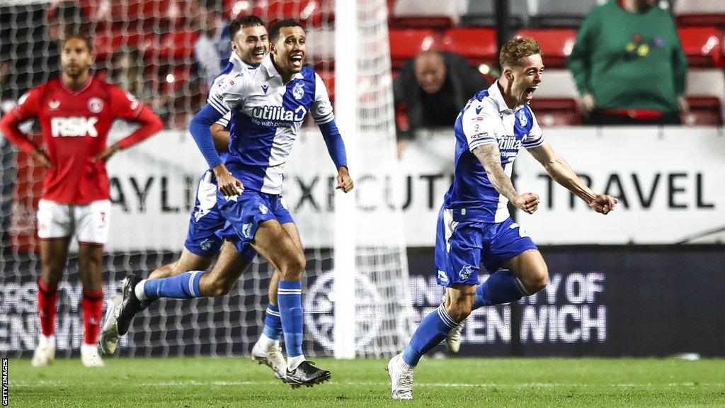 Luke McCormick (right) runs in celebration after scoring for Bristol Rovers against Charlton