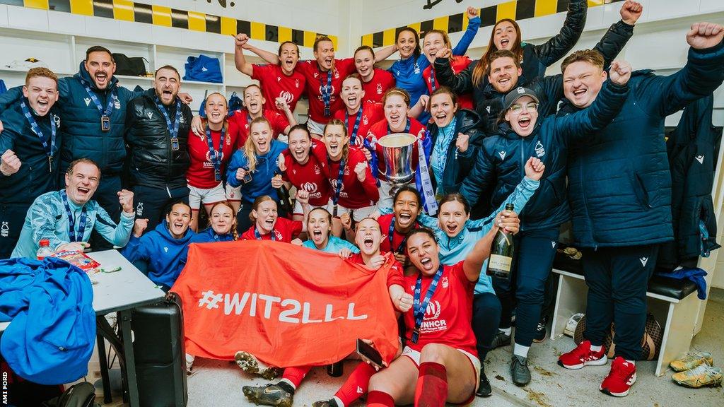 Nottingham Forest celebrate their Women's National League Cup success in the changing room