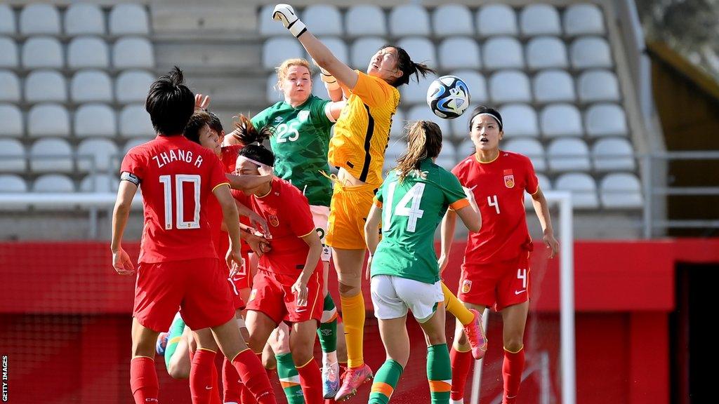 Republic of Ireland and China players compete for the ball