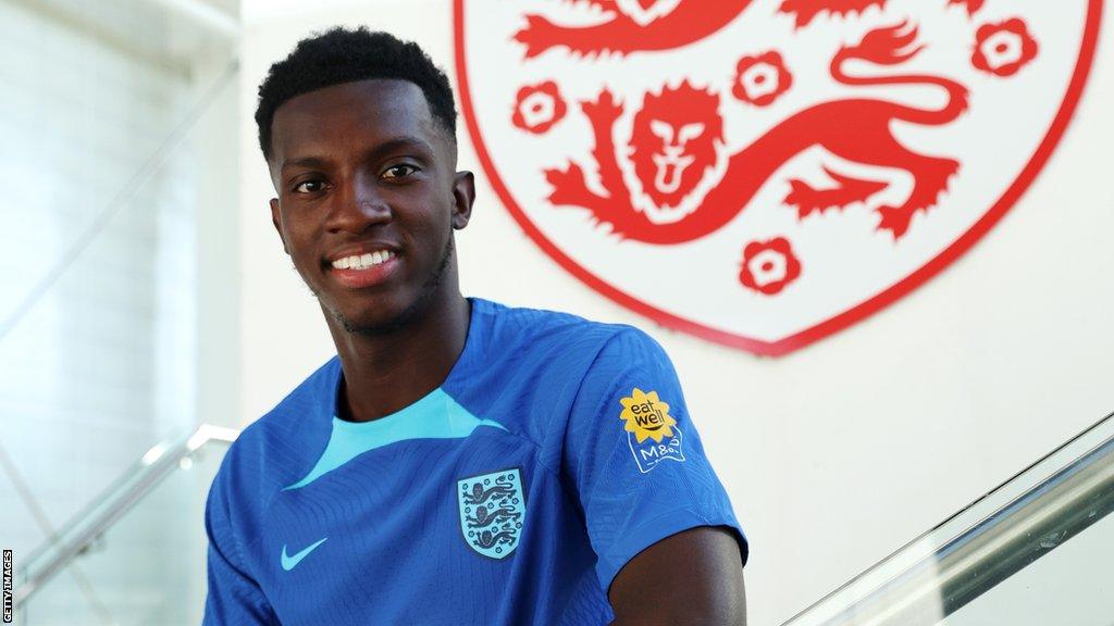 Arsenal and England striker Eddie Nketiah poses for a photo at St George's Park