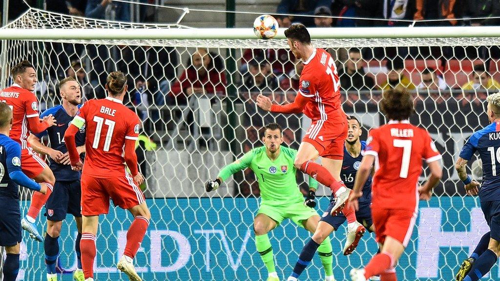 Wales Kieffer Moore scores against Slovakia in 2019