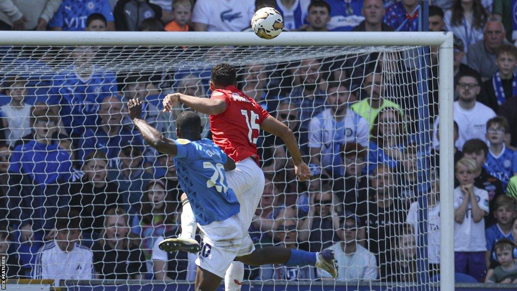 Isaac Olaofe scores for Stockport County against Salford City