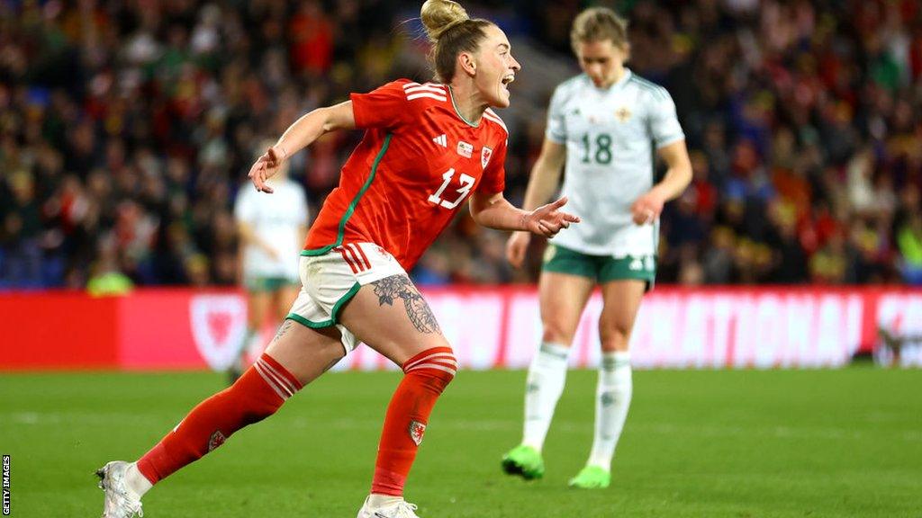 Rachel Rowe celebrates scoring for Wales against Northern Ireland in April