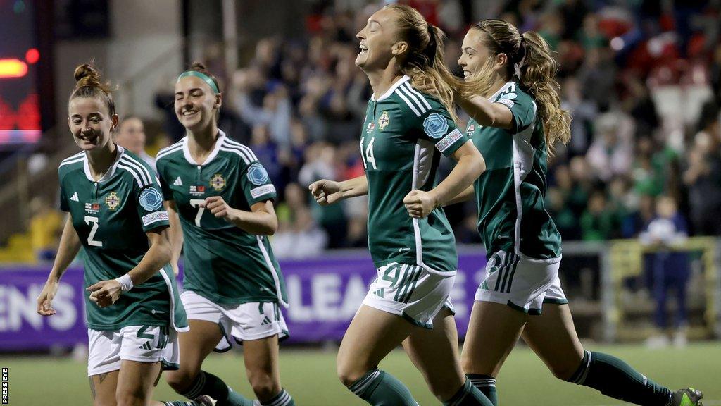 Lauren Wade celebrates scoring against Albania at Seaview