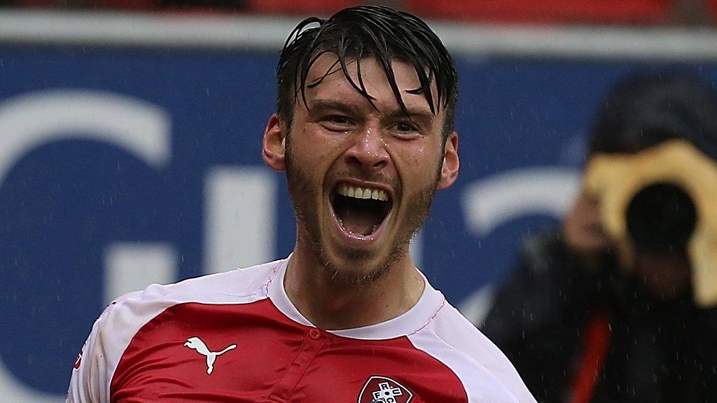 Kieffer Moore celebrates scoring for Rotherham against Northampton Town