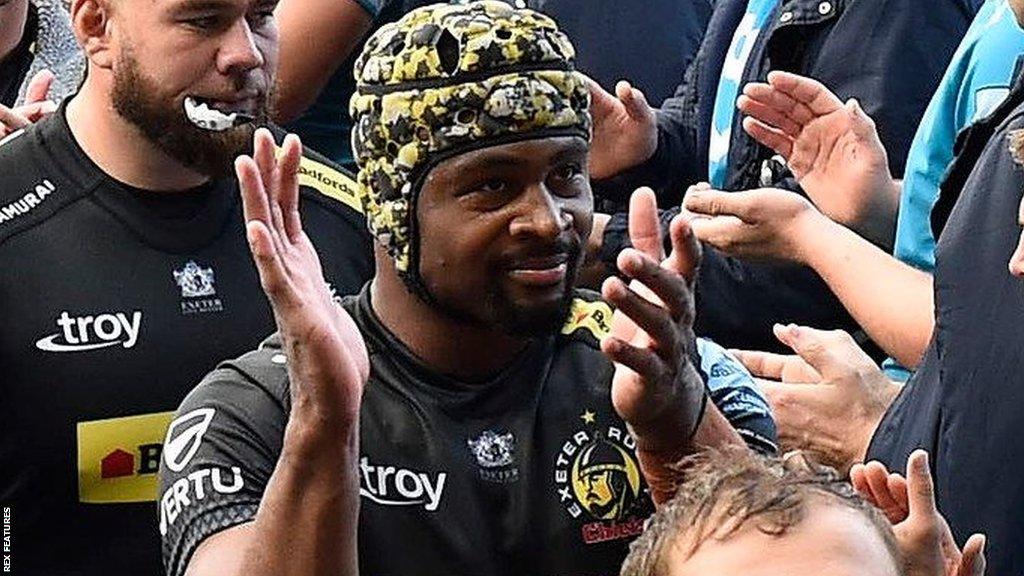 Christ Tshiunza comes off after playing for Exeter against Sale