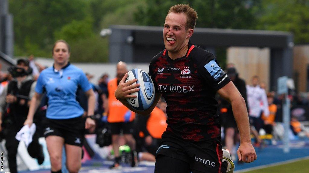 Max Malins scores a try for Saracens against Northampton