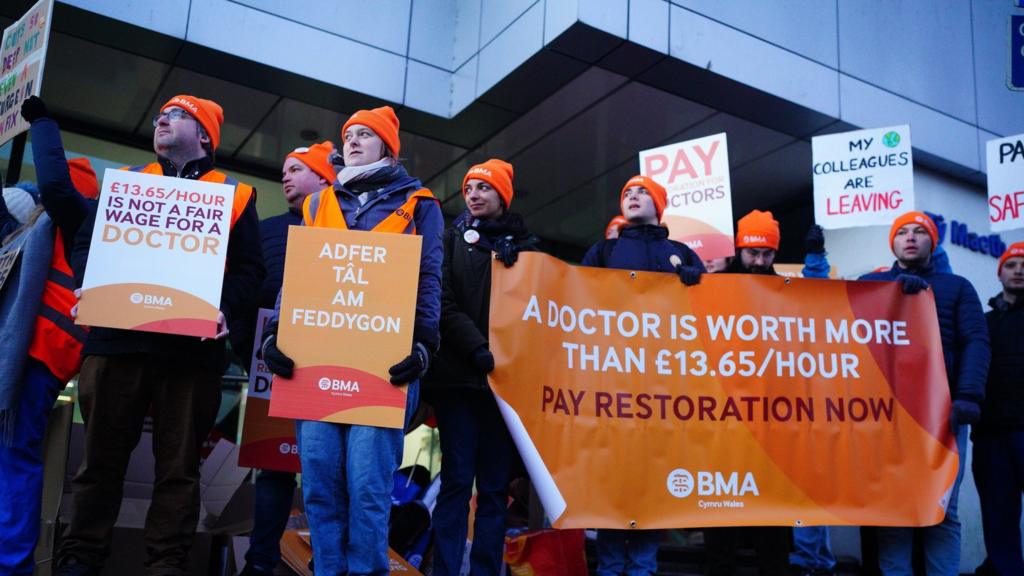 Junior doctor picket line at University Hospital of Wales