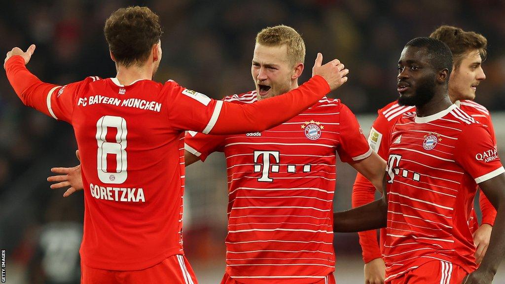 Matthijs de Ligt celebrates scoring Bayern Munich's first goal against Stuttgart