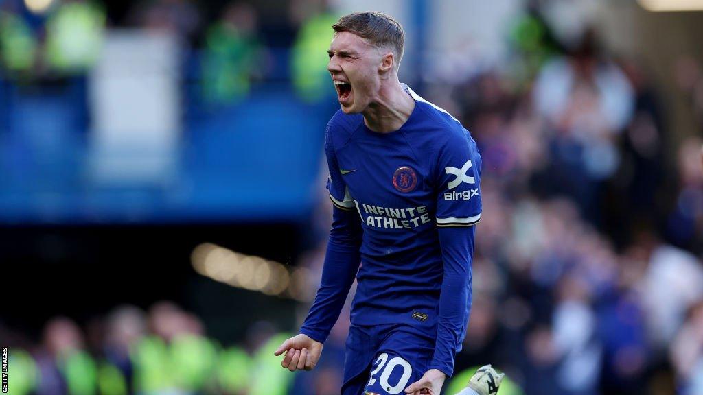 Cole Palmer celebrates soring his second goal for Chelsea