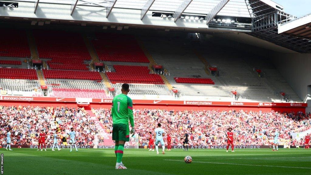 Empty top tier of Liverpool's Anfield Road Stand