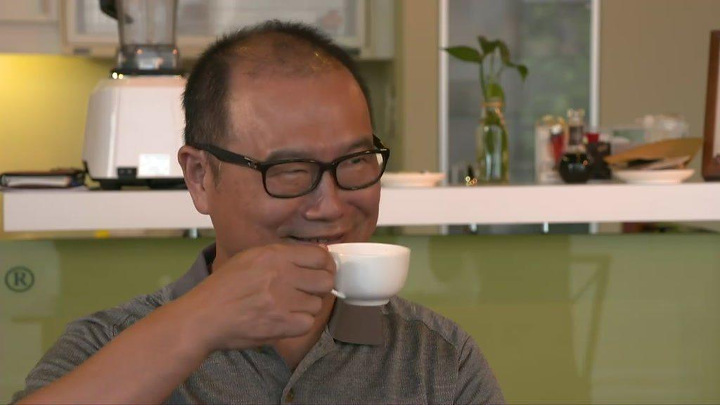 Jason Chen drinks a cup of coffee with Cindy Sui