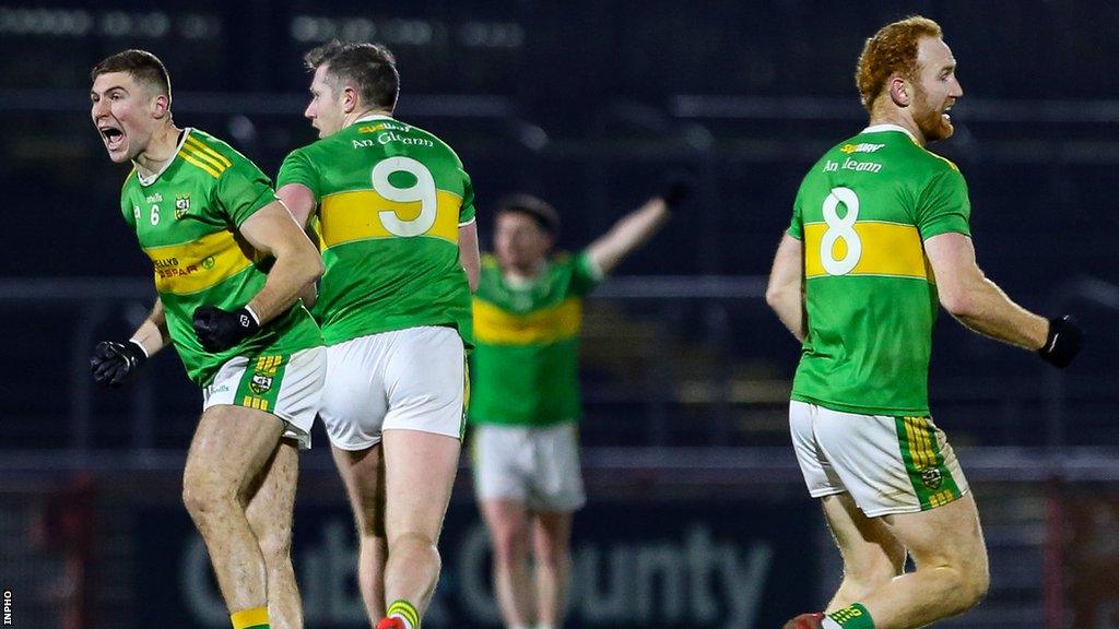 Ciaran McFaul, Emmett Bradley and Conor Glass celebrate Bradley's last-minute point against Naomh Conaill