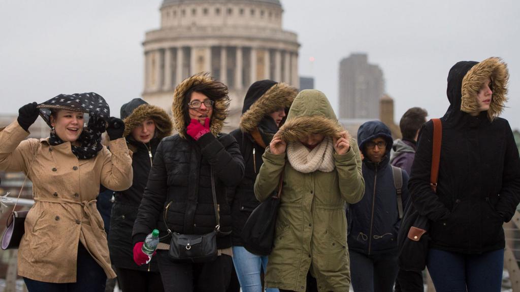 High winds on the Millennium Bridge opposite St Paul's