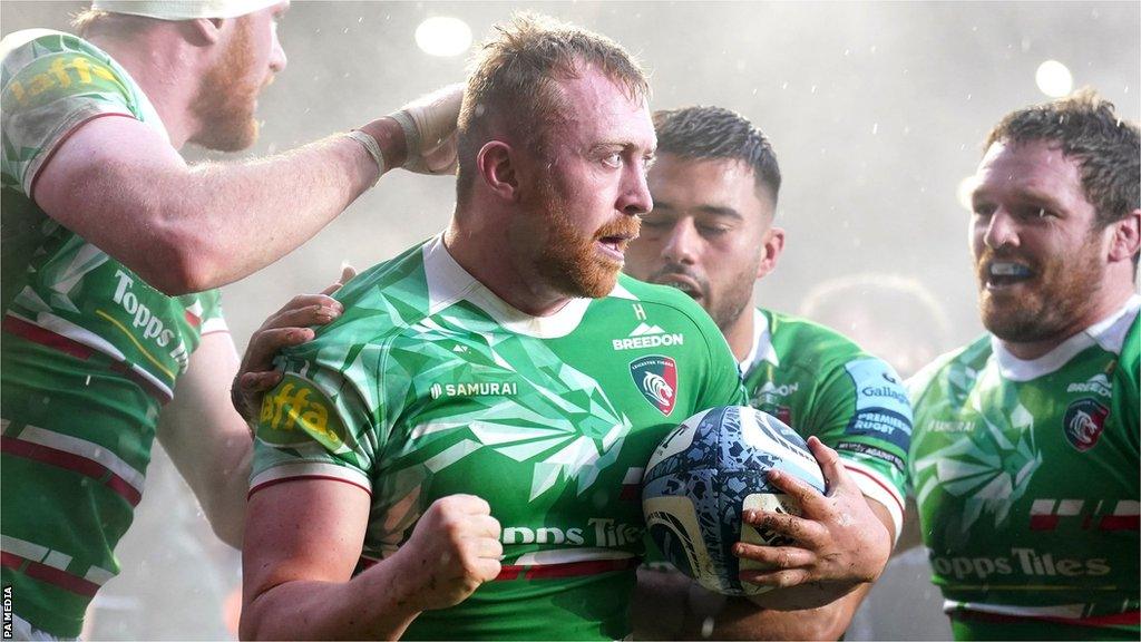 Leicester Tigers' Tommy Reffell celebrates with team-mates after scoring his first try against Newcastle