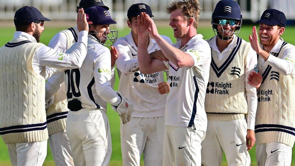 Middlesex players celebrate Notts opener Ben Slater's wicket at Trent Bridge