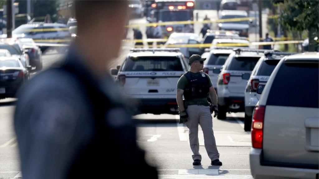 First responders on the scene following a shooting in Alexandria, Virginia, USA, 14 June 2017.