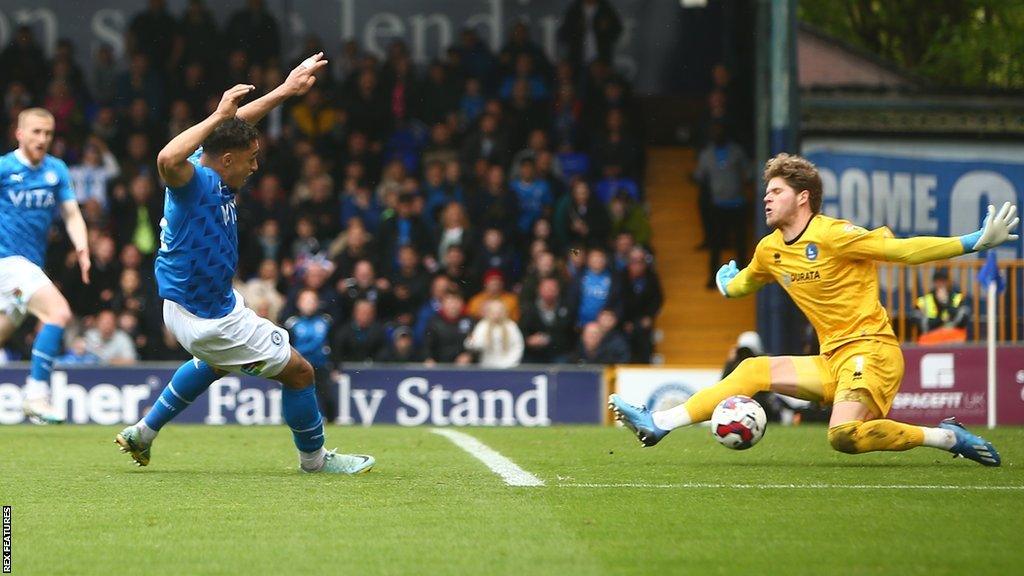 Hartlepool United goalkeeper Ben Killip makes a save from Stockport midfielder Kyle Knoyle