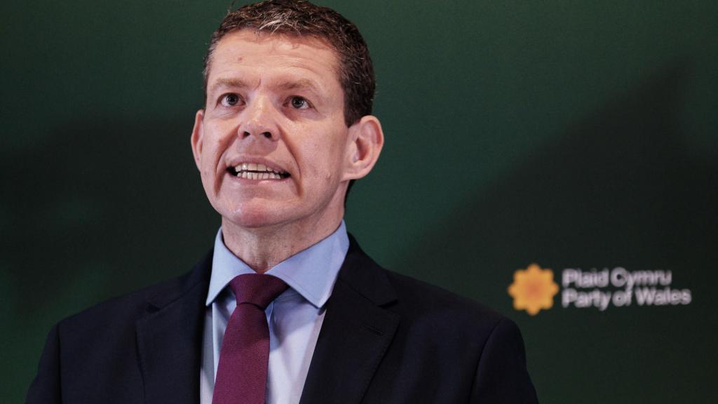 Rhun ap Iorwerth speaking at a Plaid Cymru event, in front of the party's Welsh poppy logo.