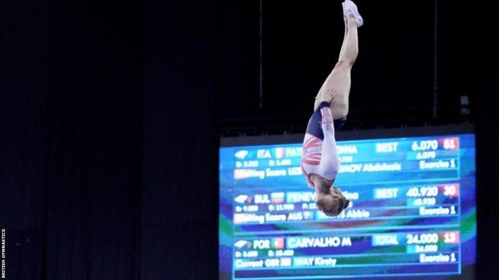 Kirsty Way flips high into the air during her double mini trampoline routine 2022.