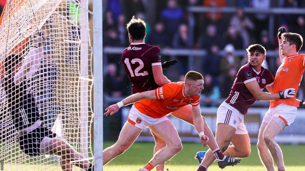 Ciaran Mackin peels away after Ethan Rafferty's long put ends up in the Galway net