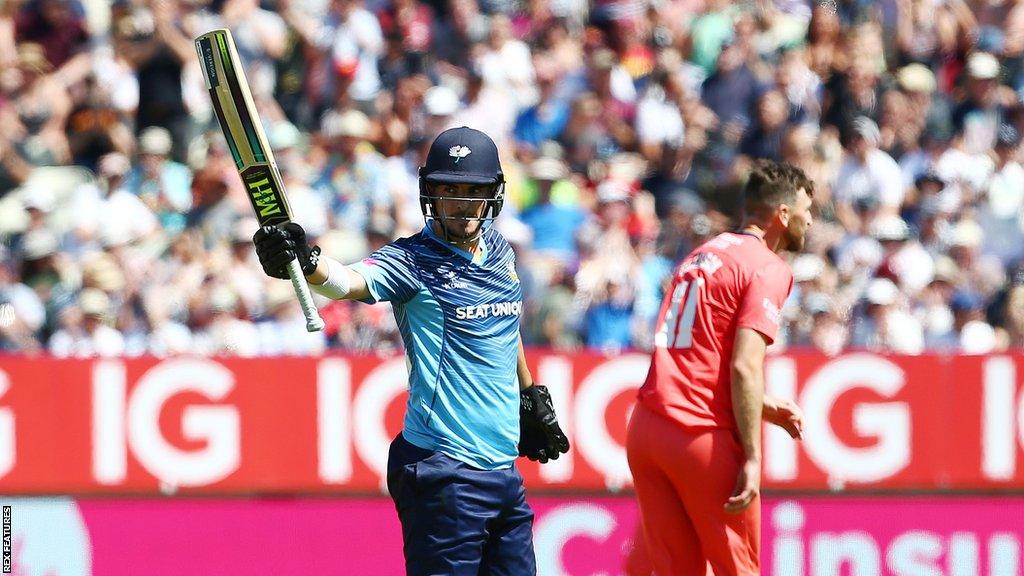 Yorkshire batter Jordan Thompson celebrates reaching 50 in the 2022 T20 Blast semi-final