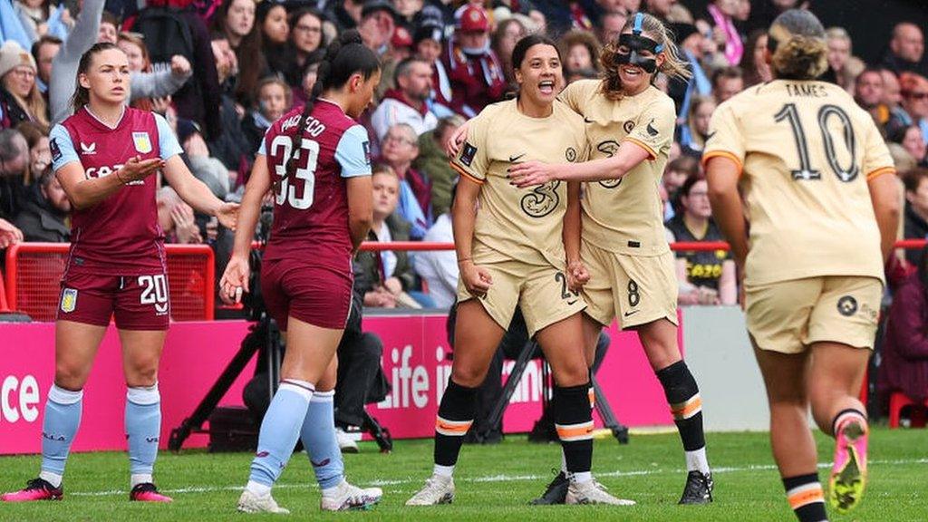 Chelsea players celebrate Sam Kerr's Women's FA Cup semi-final goal against Aston Villa