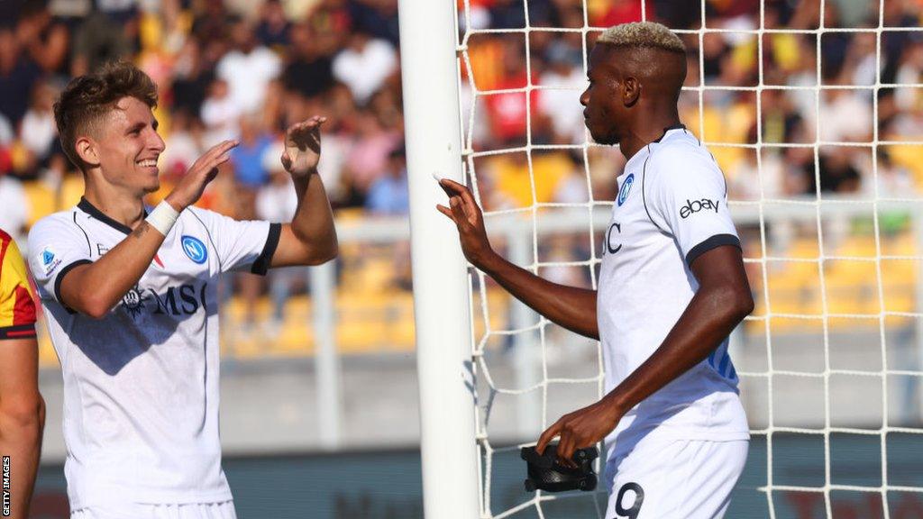 Victor Osimhen celebrates scoring in Napoli's 4-0 win over Lecce