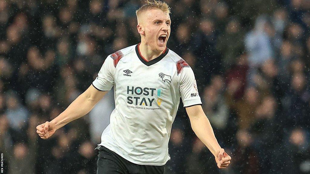 Louie Sibley scores his fifth goal of the season for Derby