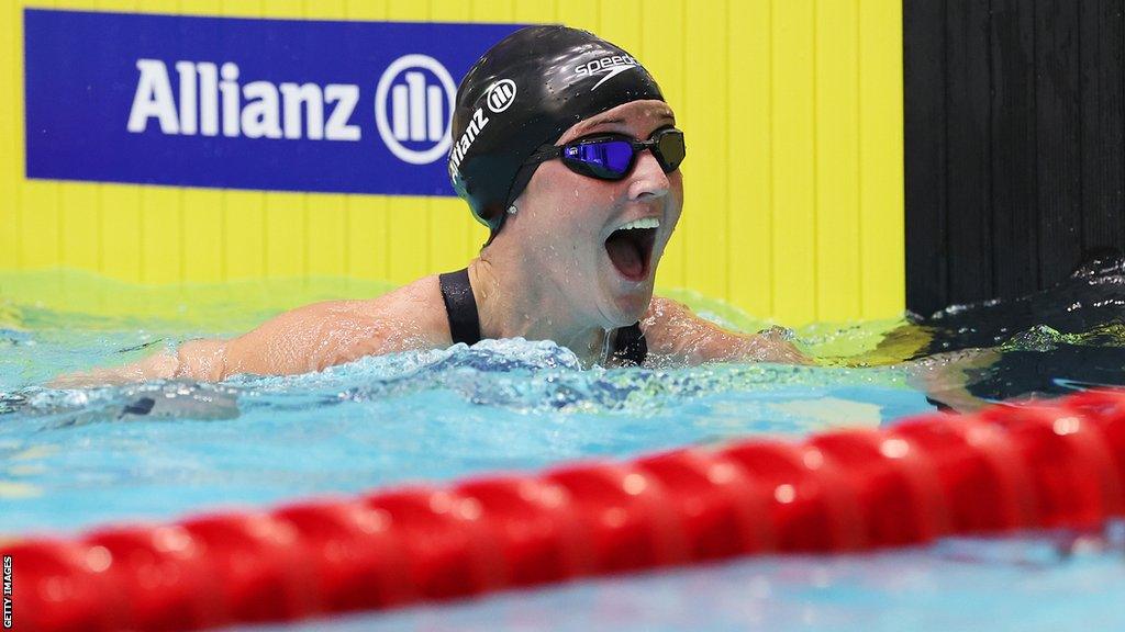 Suzanna Hext in the pool after winning the world title in 50m freestyle at the World Championships