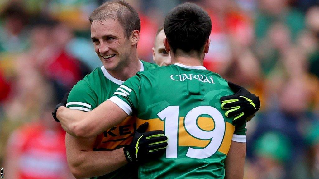 Stephen O'Brien celebrates with fellow Kerry substitute Brian Ó Beaglaíoch after Sunday's All-Ireland Football semi-final win over Derry