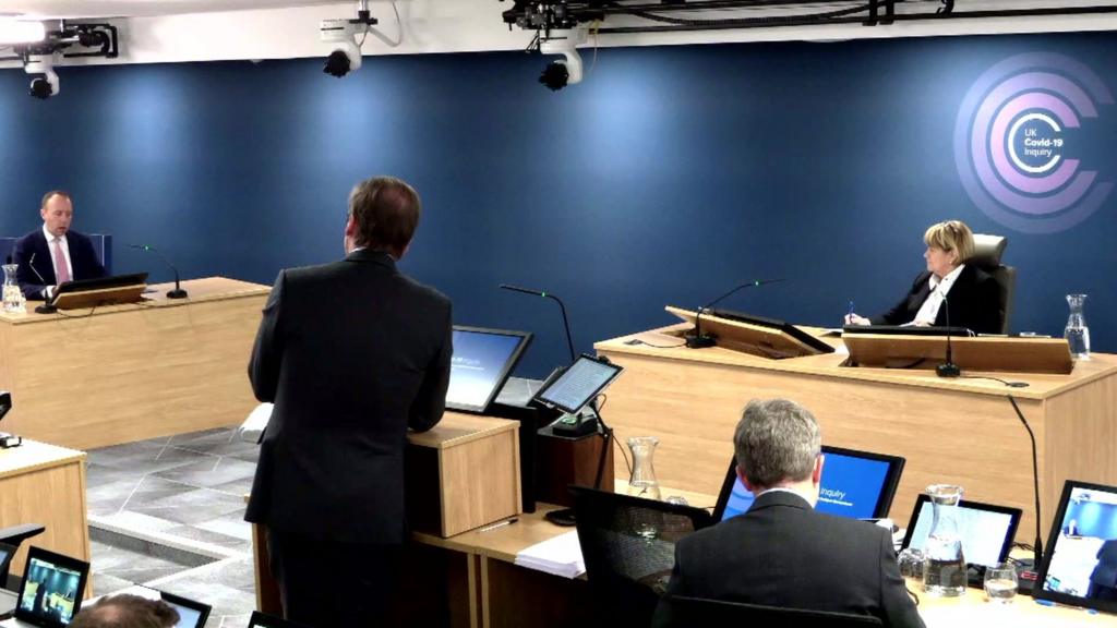 Matt Hancock, Hugo Keith KC and Baroness Hallett in the Covid inquiry